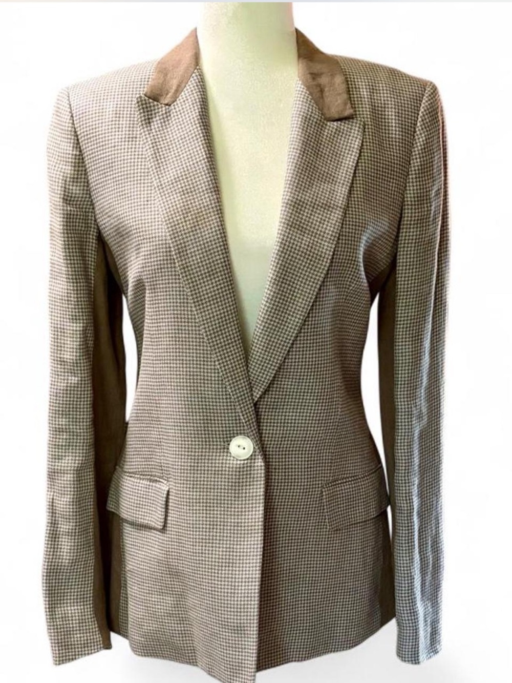 Rag & Bone Houndstooth Linen Blazer Brown Cream Contrast Trim Size 8